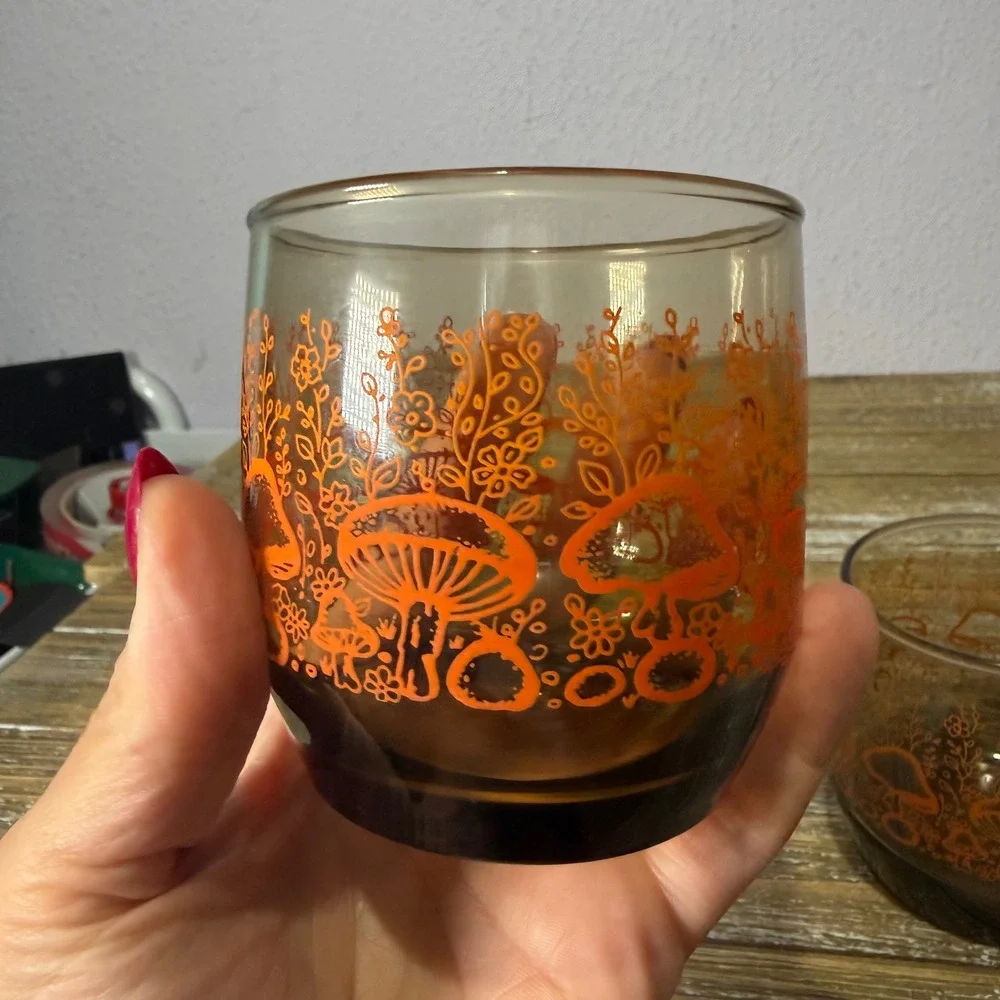 Vintage Mushroom Fairycore Lowball Glasses Set 3 Amber Orange Cottagecore Floral
